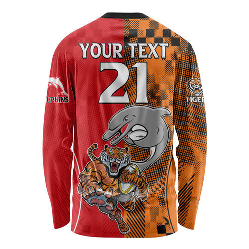 (Custom Text And Number) NRL Half Dolphins and Half Tigers Long Sleeve Shirt Sporty Style LT9