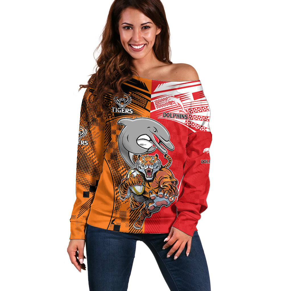(Custom Text And Number) NRL Half Dolphins and Half Tigers Off Shoulder Sweater Sporty Style LT9