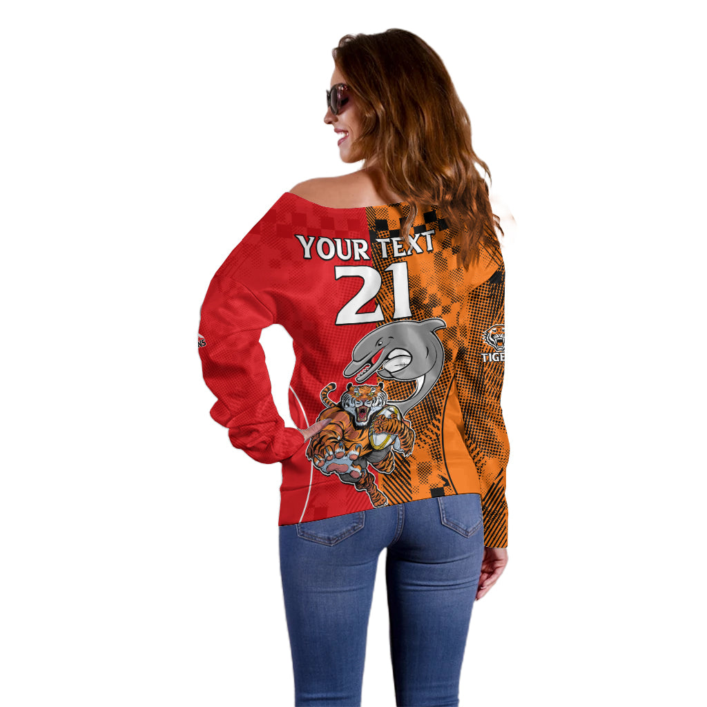 (Custom Text And Number) NRL Half Dolphins and Half Tigers Off Shoulder Sweater Sporty Style LT9