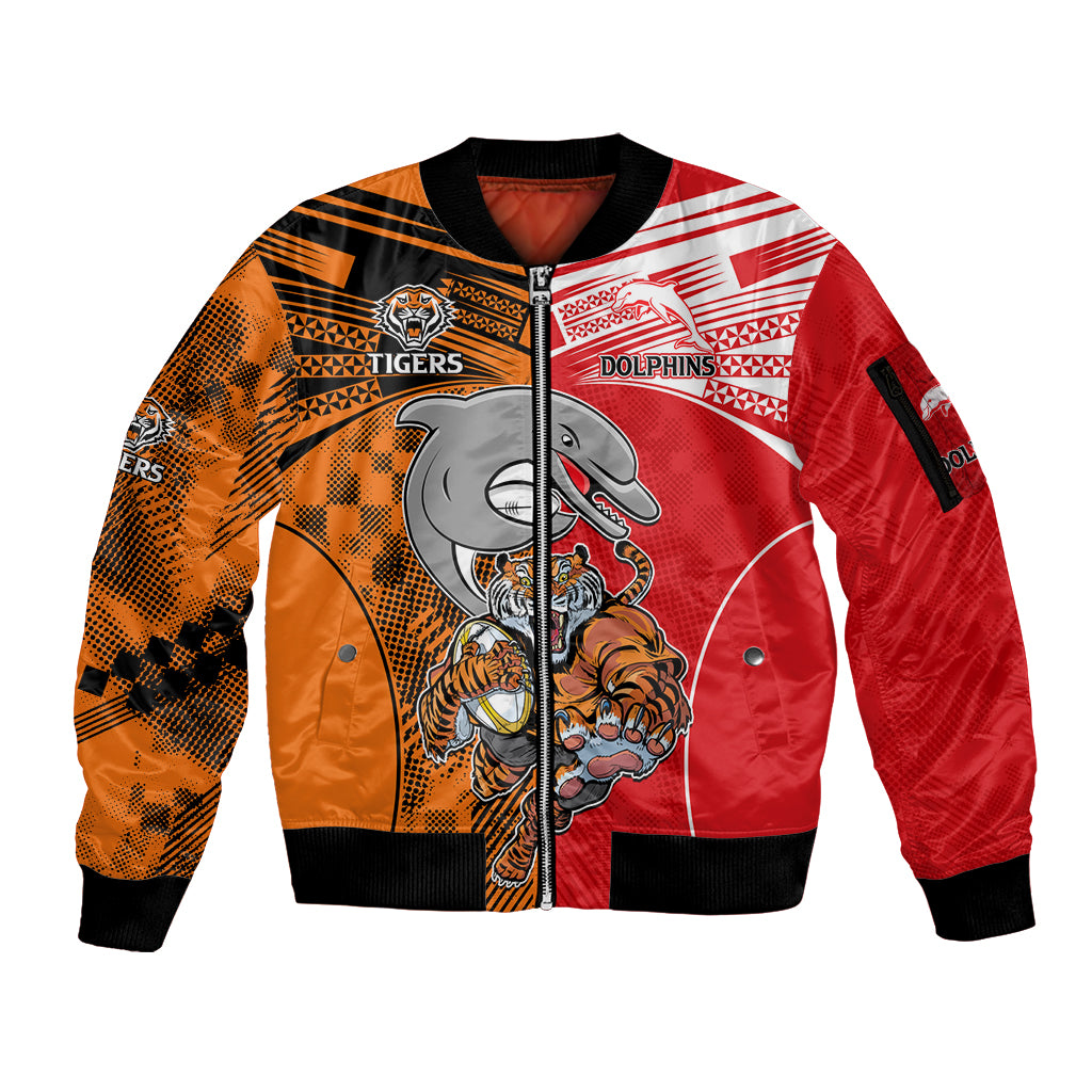 (Custom Text And Number) NRL Half Dolphins and Half Tigers Sleeve Zip Bomber Jacket Sporty Style LT9
