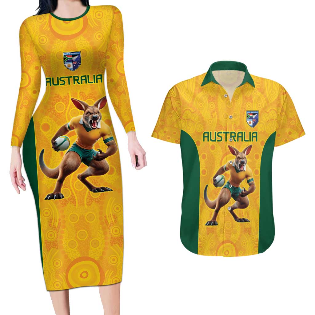 Australia Rugby Custom Couples Matching Long Sleeve Bodycon Dress and Hawaiian Shirt Glory Be To Wallabies Aboriginal Motif - Aussie Hoodie