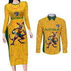 Australia Rugby Custom Couples Matching Long Sleeve Bodycon Dress and Long Sleeve Button Shirt Glory Be To Wallabies Aboriginal Motif - Aussie Hoodie