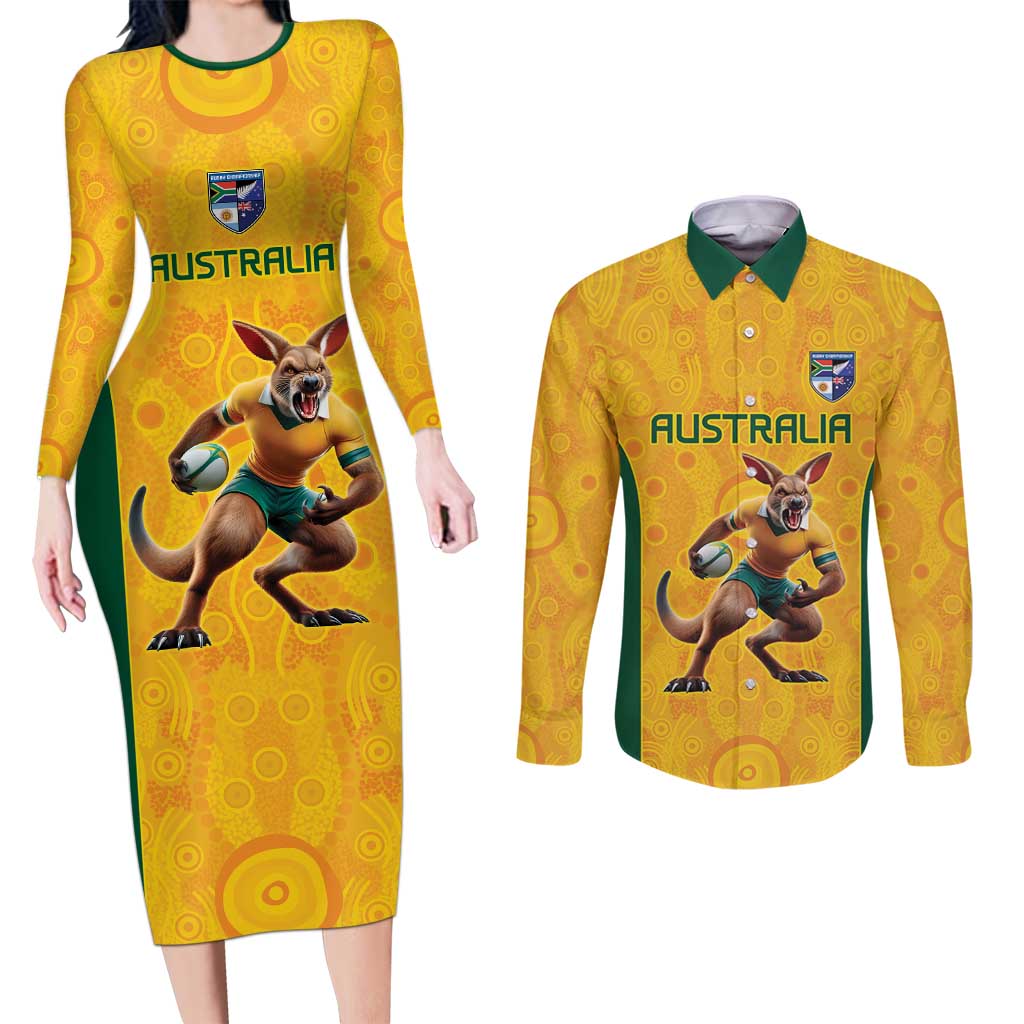 Australia Rugby Custom Couples Matching Long Sleeve Bodycon Dress and Long Sleeve Button Shirt Glory Be To Wallabies Aboriginal Motif - Aussie Hoodie