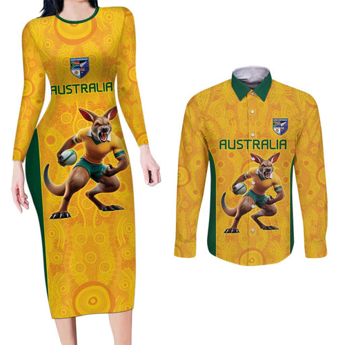 Australia Rugby Custom Couples Matching Long Sleeve Bodycon Dress and Long Sleeve Button Shirt Glory Be To Wallabies Aboriginal Motif - Aussie Hoodie