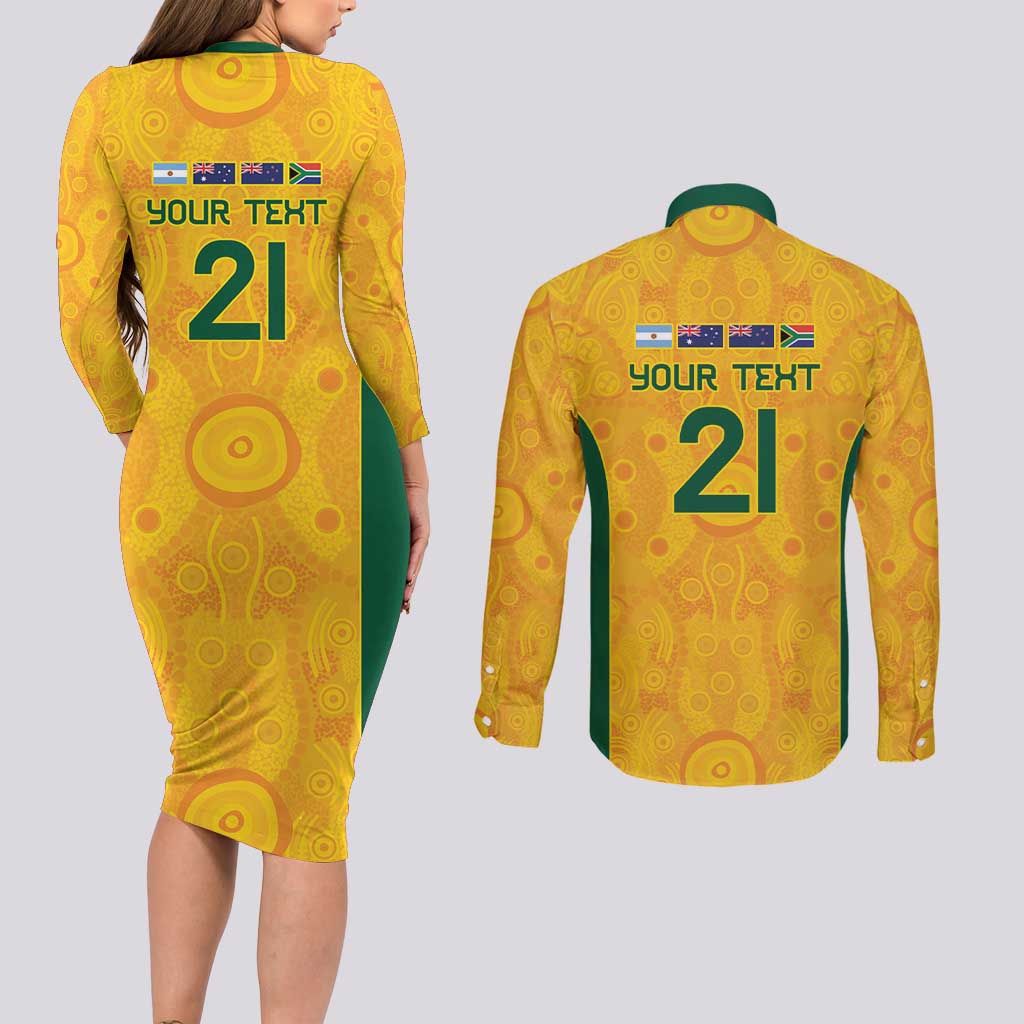 Australia Rugby Custom Couples Matching Long Sleeve Bodycon Dress and Long Sleeve Button Shirt Glory Be To Wallabies Aboriginal Motif - Aussie Hoodie