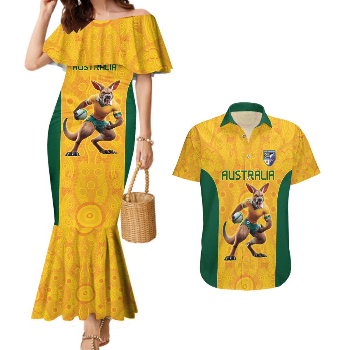 Australia Rugby Custom Couples Matching Mermaid Dress and Hawaiian Shirt Glory Be To Wallabies Aboriginal Motif - Aussie Hoodie