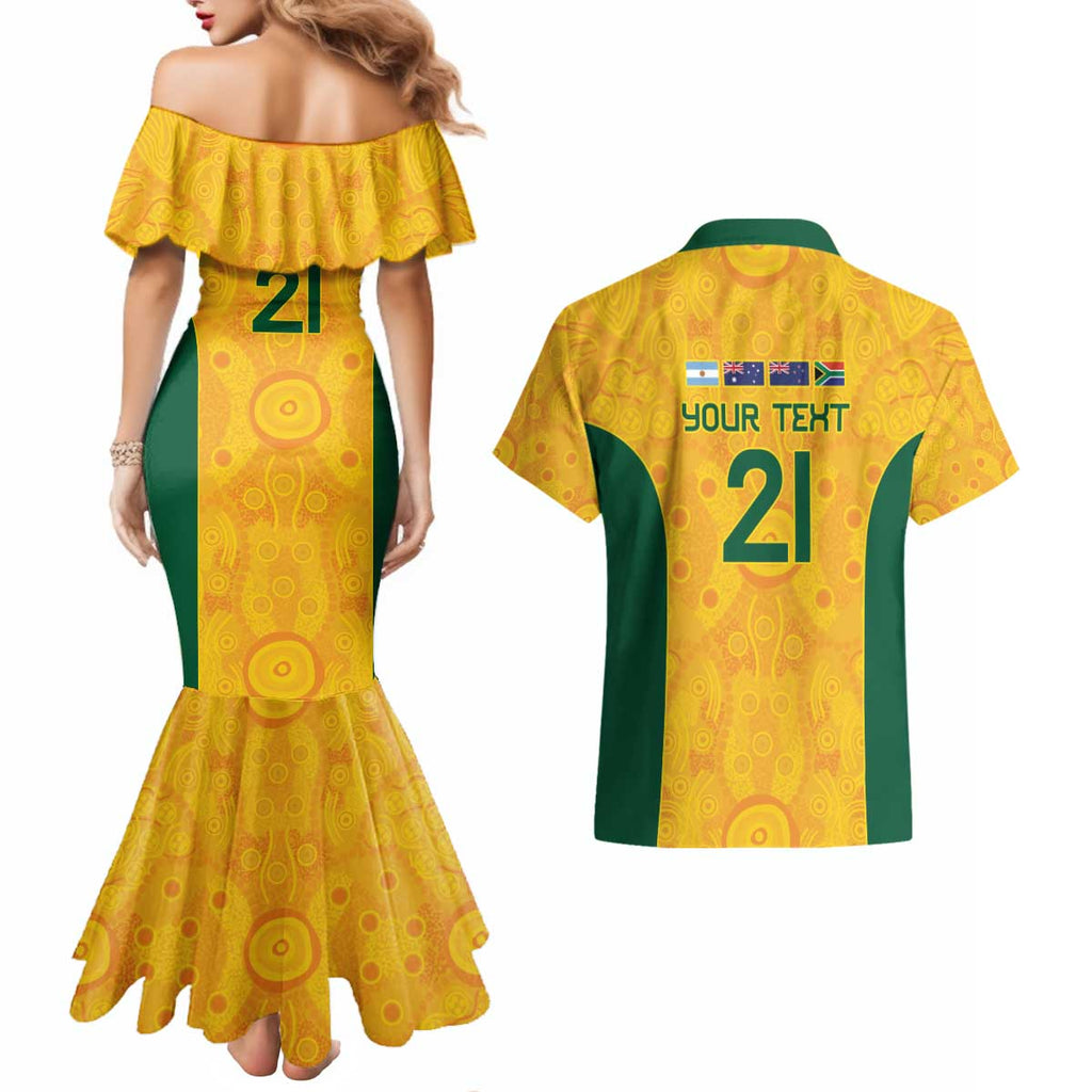 Australia Rugby Custom Couples Matching Mermaid Dress and Hawaiian Shirt Glory Be To Wallabies Aboriginal Motif - Aussie Hoodie