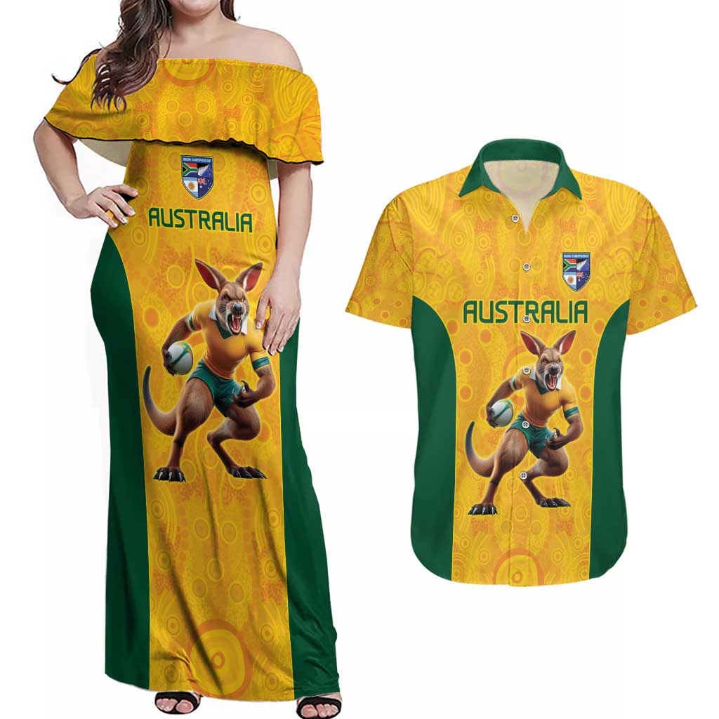 Australia Rugby Custom Couples Matching Off Shoulder Maxi Dress and Hawaiian Shirt Glory Be To Wallabies Aboriginal Motif - Aussie Hoodie