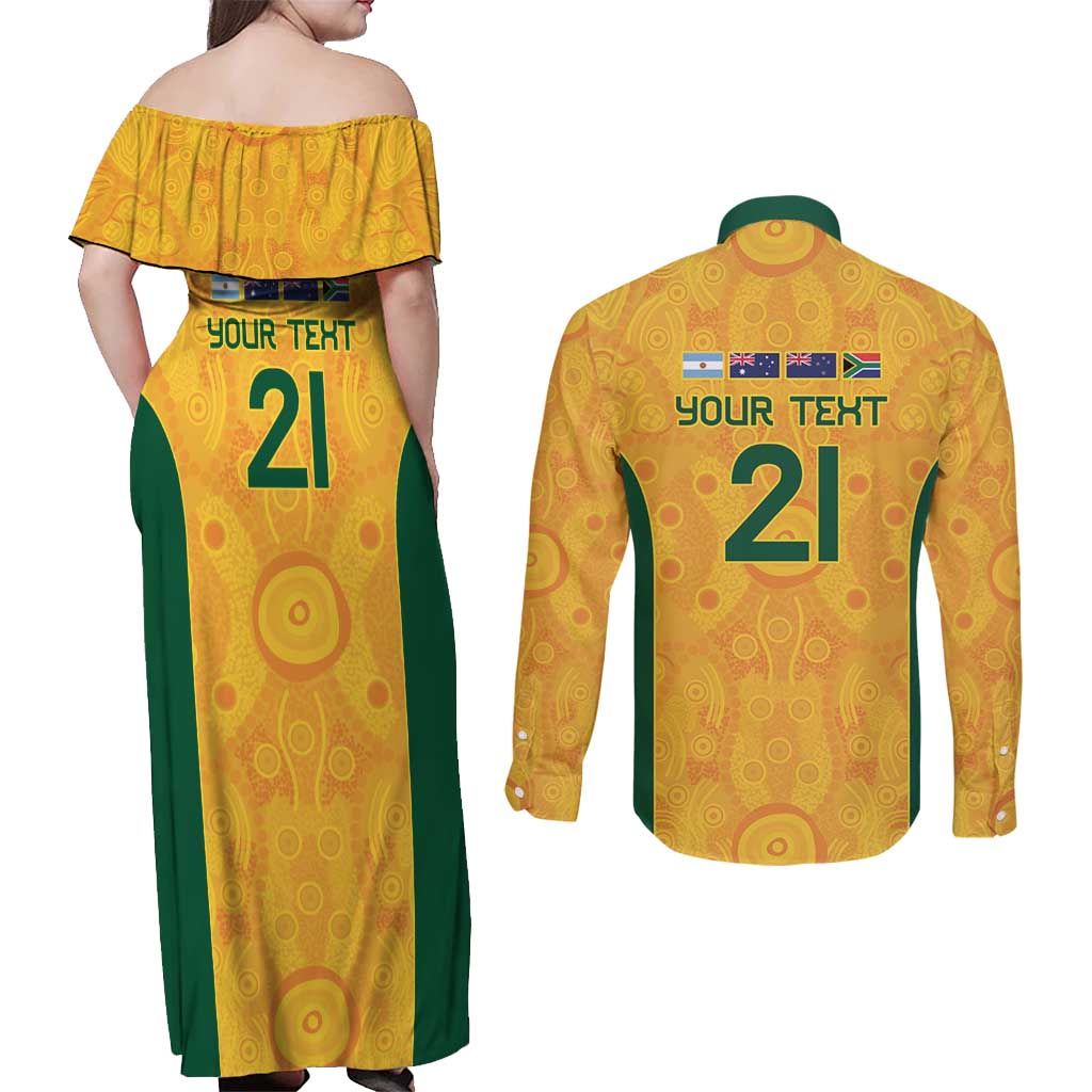 Australia Rugby Custom Couples Matching Off Shoulder Maxi Dress and Long Sleeve Button Shirt Glory Be To Wallabies Aboriginal Motif - Aussie Hoodie