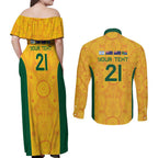 Australia Rugby Custom Couples Matching Off Shoulder Maxi Dress and Long Sleeve Button Shirt Glory Be To Wallabies Aboriginal Motif - Aussie Hoodie