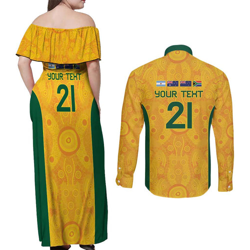 Australia Rugby Custom Couples Matching Off Shoulder Maxi Dress and Long Sleeve Button Shirt Glory Be To Wallabies Aboriginal Motif - Aussie Hoodie