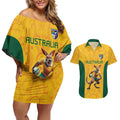Australia Rugby Custom Couples Matching Off Shoulder Short Dress and Hawaiian Shirt Glory Be To Wallabies Aboriginal Motif - Aussie Hoodie