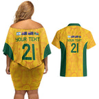 Australia Rugby Custom Couples Matching Off Shoulder Short Dress and Hawaiian Shirt Glory Be To Wallabies Aboriginal Motif - Aussie Hoodie