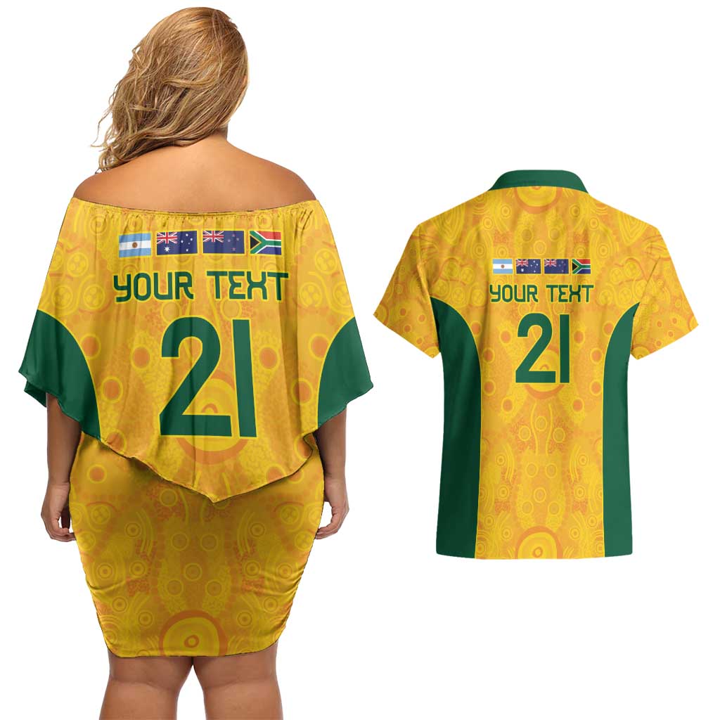 Australia Rugby Custom Couples Matching Off Shoulder Short Dress and Hawaiian Shirt Glory Be To Wallabies Aboriginal Motif - Aussie Hoodie