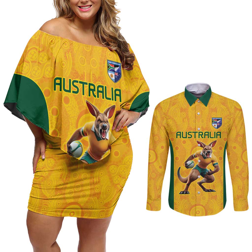 Australia Rugby Custom Couples Matching Off Shoulder Short Dress and Long Sleeve Button Shirt Glory Be To Wallabies Aboriginal Motif - Aussie Hoodie