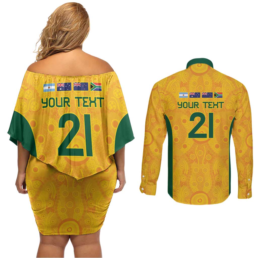 Australia Rugby Custom Couples Matching Off Shoulder Short Dress and Long Sleeve Button Shirt Glory Be To Wallabies Aboriginal Motif - Aussie Hoodie