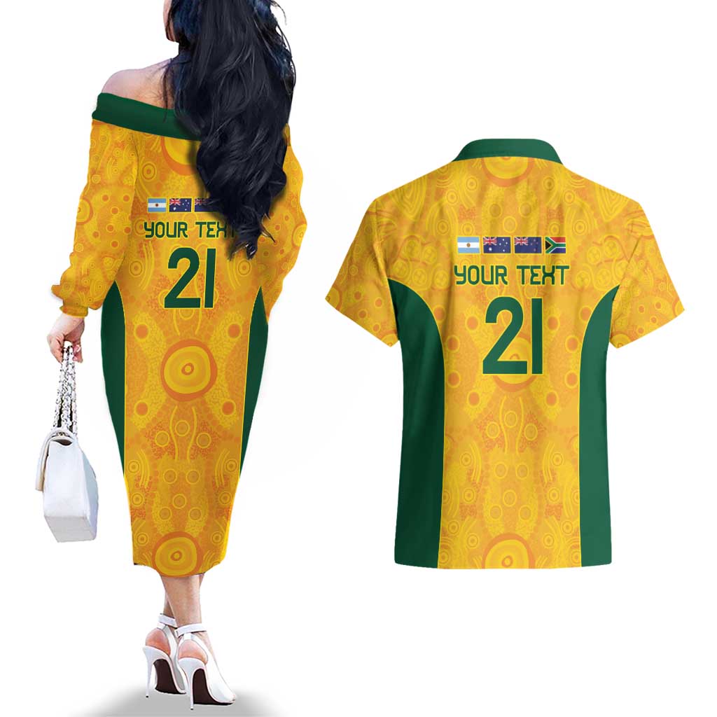 Australia Rugby Custom Couples Matching Off The Shoulder Long Sleeve Dress and Hawaiian Shirt Glory Be To Wallabies Aboriginal Motif - Aussie Hoodie