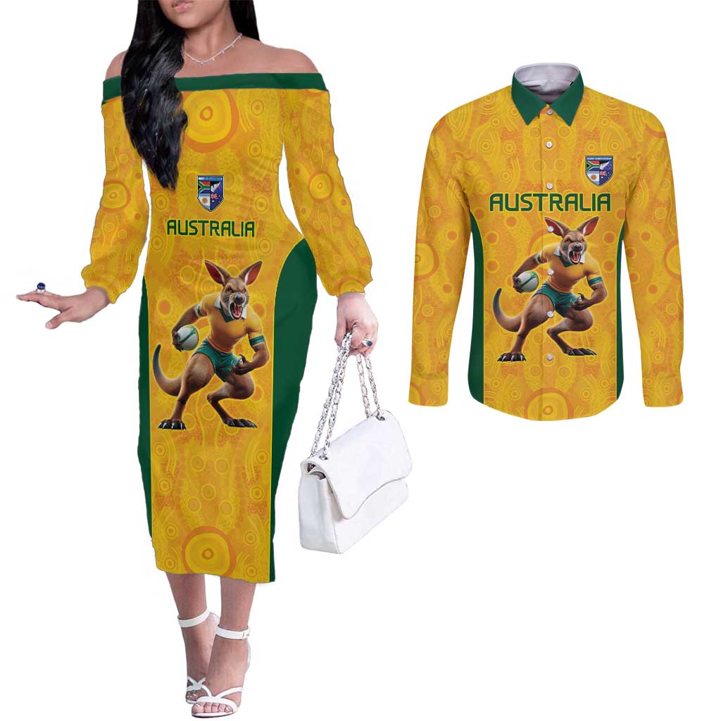Australia Rugby Custom Couples Matching Off The Shoulder Long Sleeve Dress and Long Sleeve Button Shirt Glory Be To Wallabies Aboriginal Motif - Aussie Hoodie