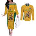 Australia Rugby Custom Couples Matching Off The Shoulder Long Sleeve Dress and Long Sleeve Button Shirt Glory Be To Wallabies Aboriginal Motif - Aussie Hoodie