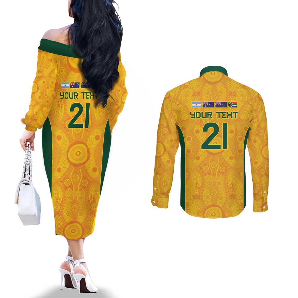Australia Rugby Custom Couples Matching Off The Shoulder Long Sleeve Dress and Long Sleeve Button Shirt Glory Be To Wallabies Aboriginal Motif - Aussie Hoodie