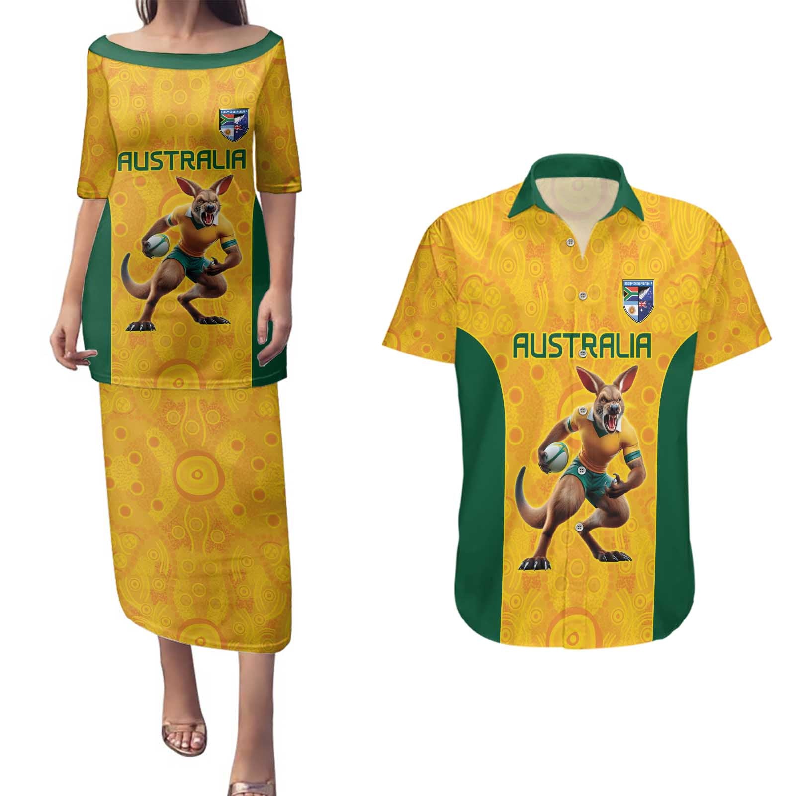 Australia Rugby Custom Couples Matching Puletasi and Hawaiian Shirt Glory Be To Wallabies Aboriginal Motif - Aussie Hoodie