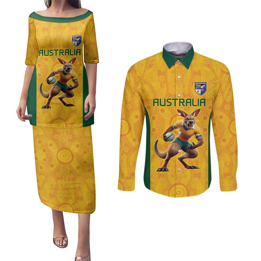 Australia Rugby Custom Couples Matching Puletasi and Long Sleeve Button Shirt Glory Be To Wallabies Aboriginal Motif - Aussie Hoodie