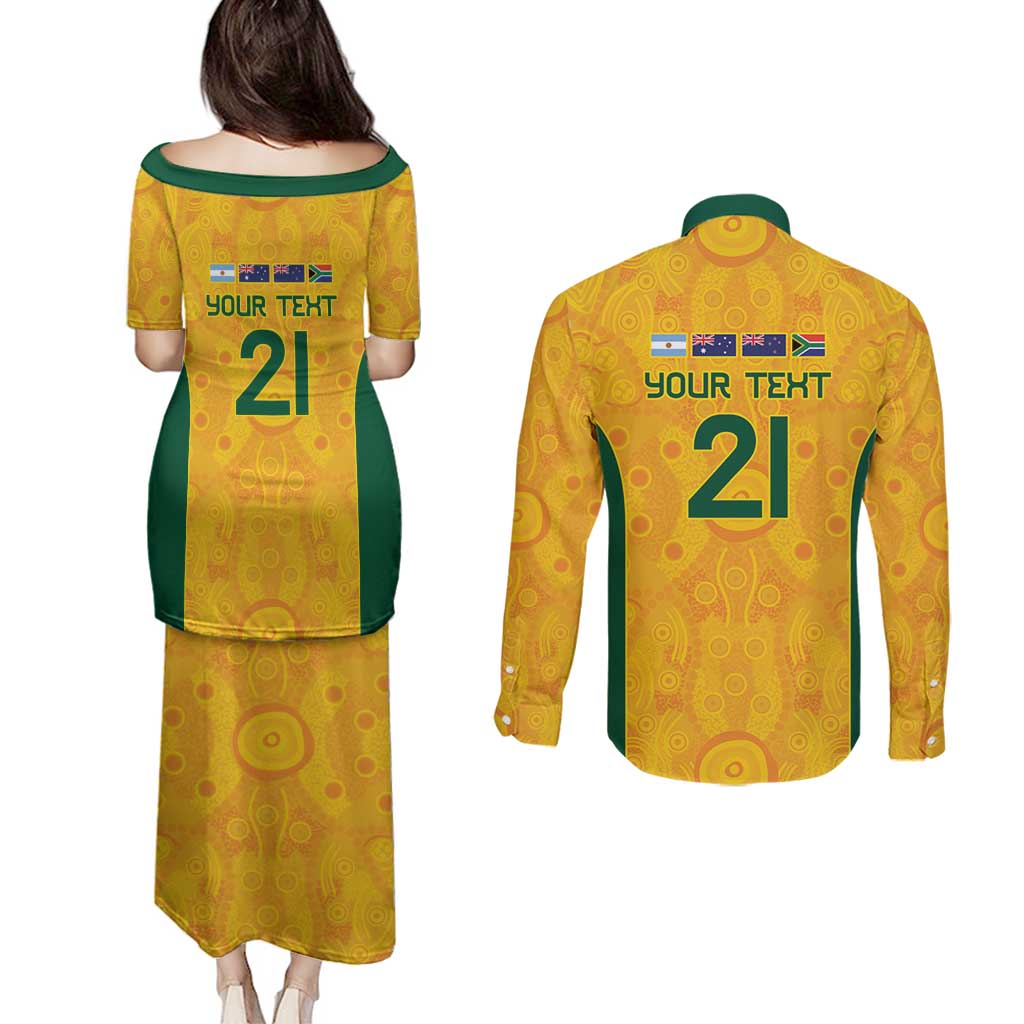 Australia Rugby Custom Couples Matching Puletasi and Long Sleeve Button Shirt Glory Be To Wallabies Aboriginal Motif - Aussie Hoodie