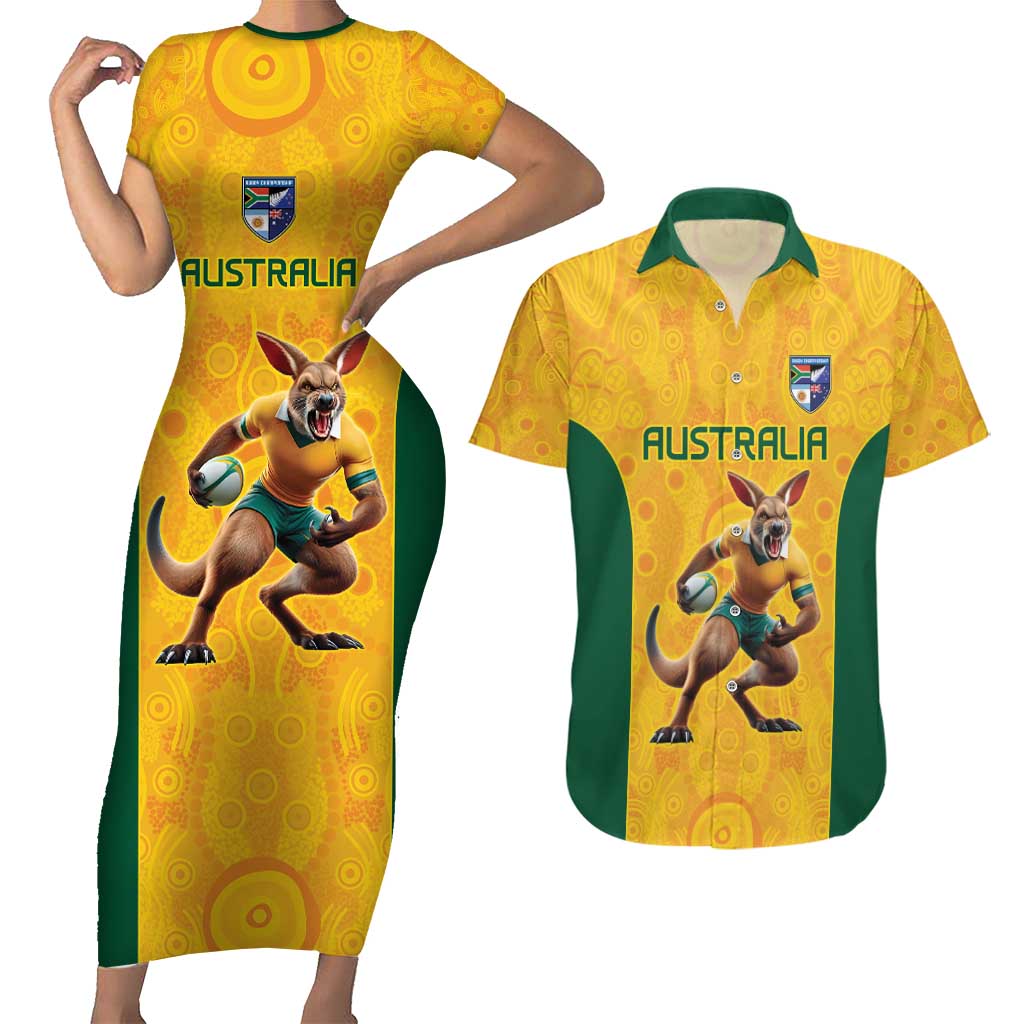 Australia Rugby Custom Couples Matching Short Sleeve Bodycon Dress and Hawaiian Shirt Glory Be To Wallabies Aboriginal Motif - Aussie Hoodie