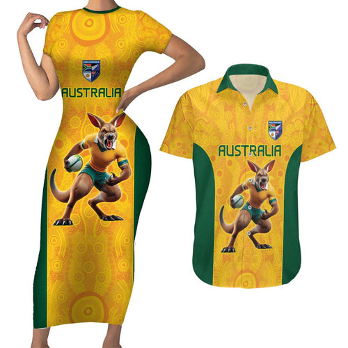 Australia Rugby Custom Couples Matching Short Sleeve Bodycon Dress and Hawaiian Shirt Glory Be To Wallabies Aboriginal Motif - Aussie Hoodie