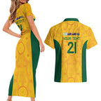 Australia Rugby Custom Couples Matching Short Sleeve Bodycon Dress and Hawaiian Shirt Glory Be To Wallabies Aboriginal Motif - Aussie Hoodie