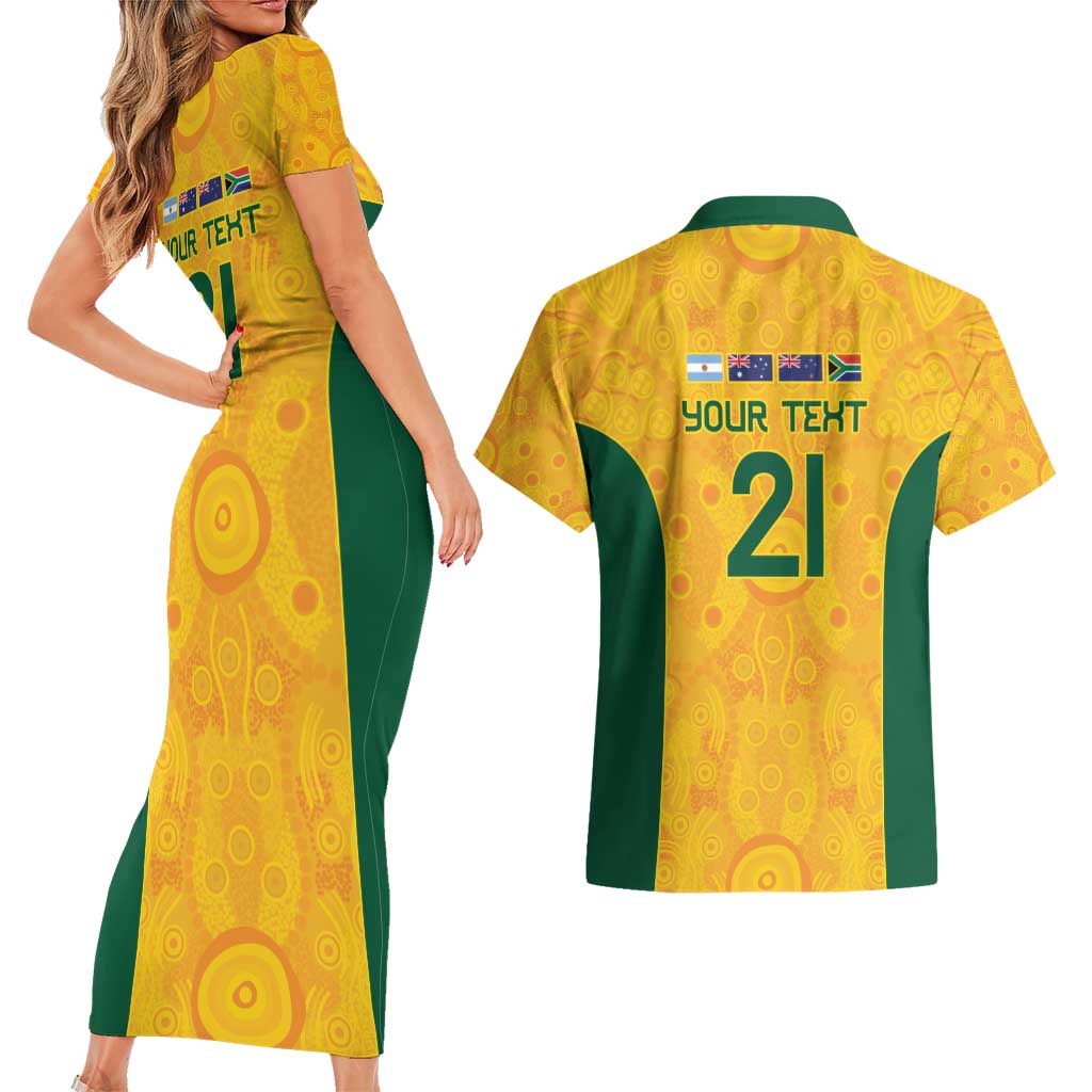 Australia Rugby Custom Couples Matching Short Sleeve Bodycon Dress and Hawaiian Shirt Glory Be To Wallabies Aboriginal Motif - Aussie Hoodie