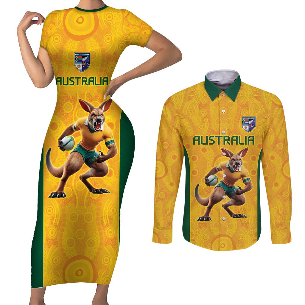 Australia Rugby Custom Couples Matching Short Sleeve Bodycon Dress and Long Sleeve Button Shirt Glory Be To Wallabies Aboriginal Motif - Aussie Hoodie