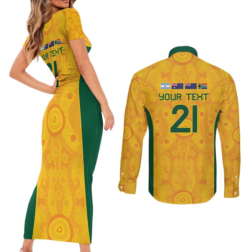 Australia Rugby Custom Couples Matching Short Sleeve Bodycon Dress and Long Sleeve Button Shirt Glory Be To Wallabies Aboriginal Motif - Aussie Hoodie