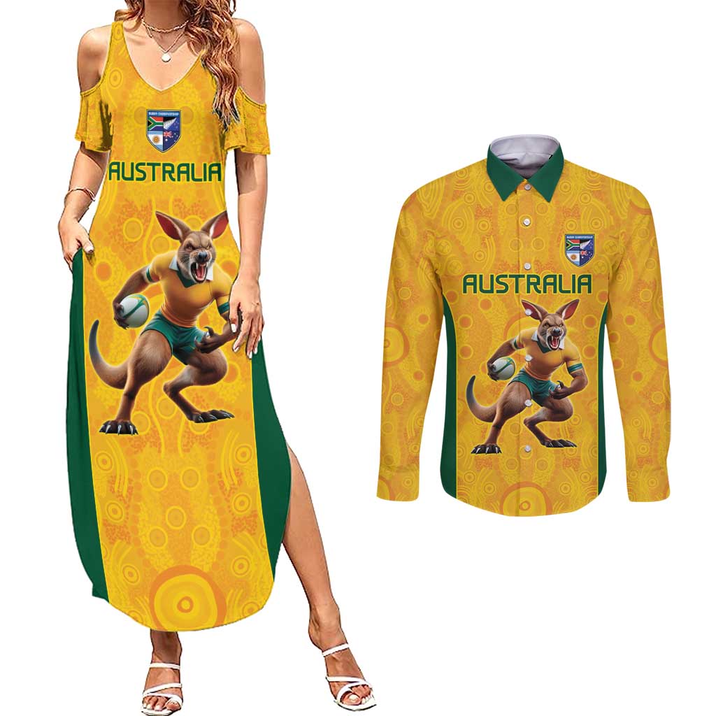 Australia Rugby Custom Couples Matching Summer Maxi Dress and Long Sleeve Button Shirt Glory Be To Wallabies Aboriginal Motif - Aussie Hoodie