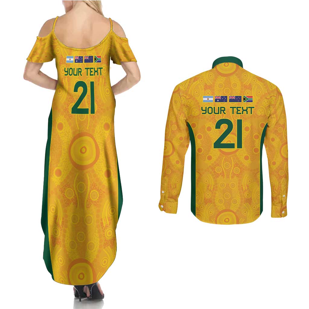Australia Rugby Custom Couples Matching Summer Maxi Dress and Long Sleeve Button Shirt Glory Be To Wallabies Aboriginal Motif - Aussie Hoodie