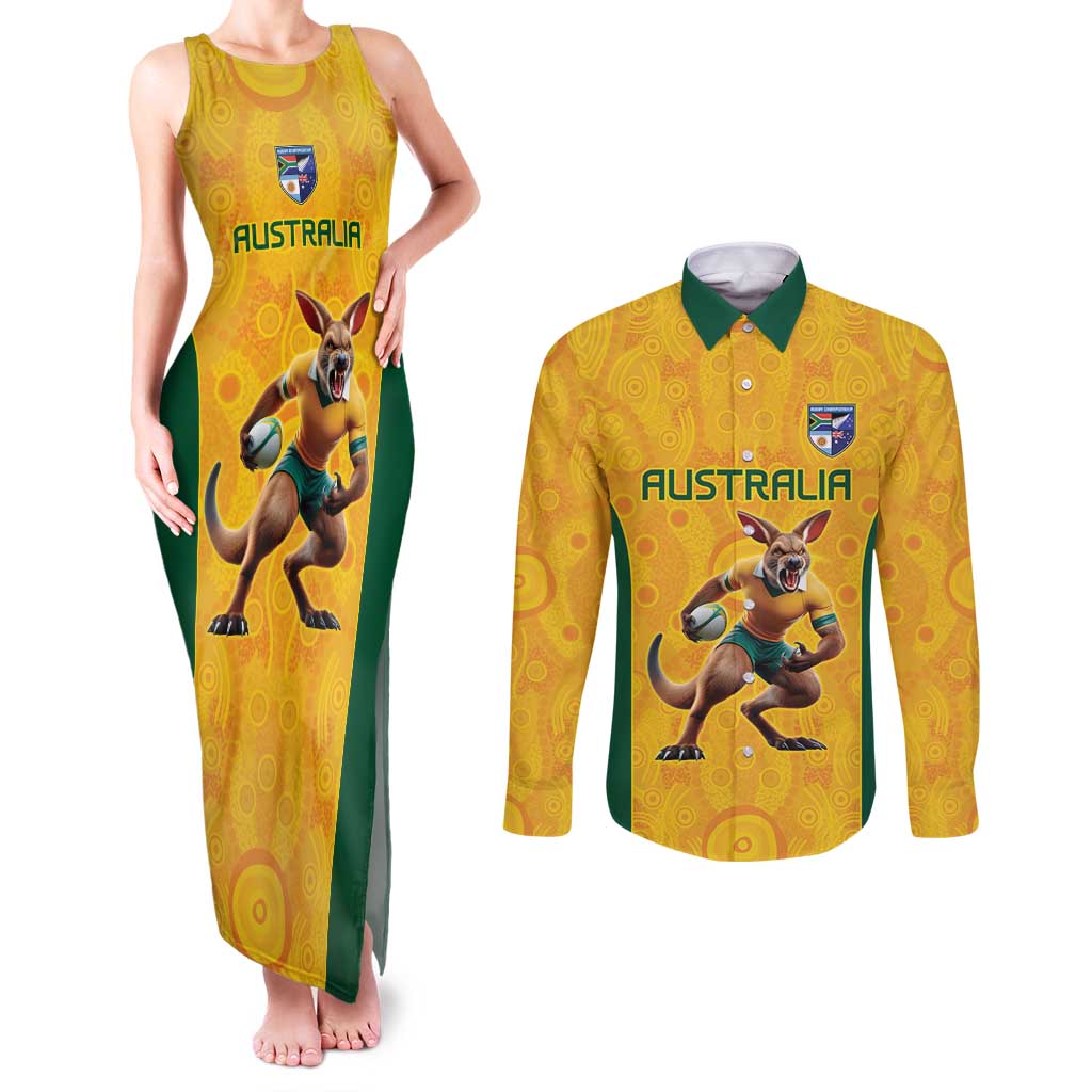 Australia Rugby Custom Couples Matching Tank Maxi Dress and Long Sleeve Button Shirt Glory Be To Wallabies Aboriginal Motif - Aussie Hoodie