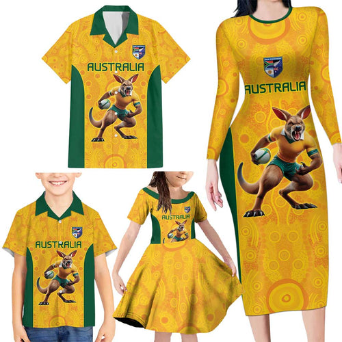 Australia Rugby Custom Family Matching Long Sleeve Bodycon Dress and Hawaiian Shirt Glory Be To Wallabies Aboriginal Motif - Aussie Hoodie
