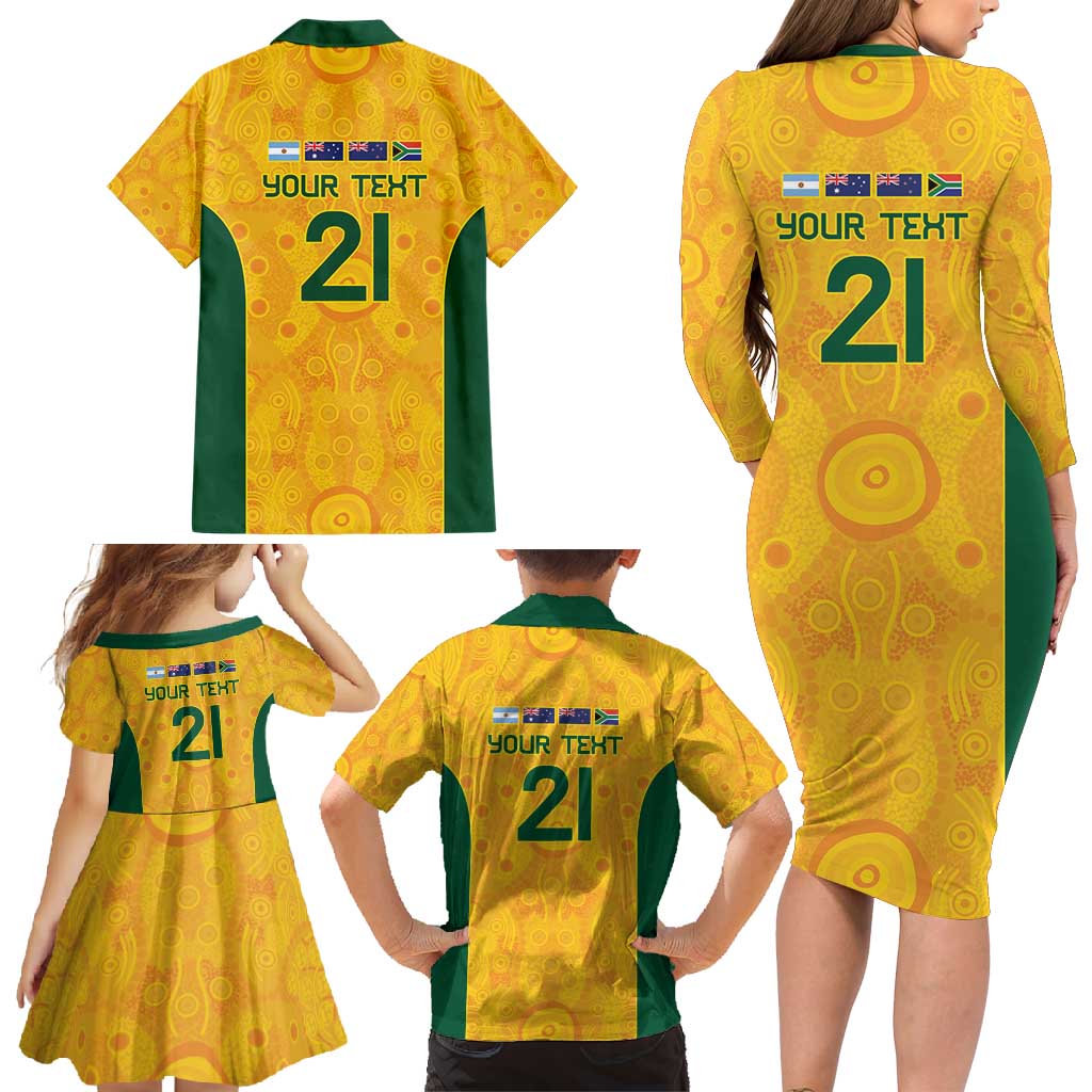 Australia Rugby Custom Family Matching Long Sleeve Bodycon Dress and Hawaiian Shirt Glory Be To Wallabies Aboriginal Motif - Aussie Hoodie
