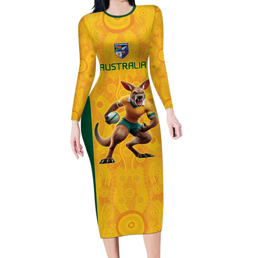 Australia Rugby Custom Family Matching Long Sleeve Bodycon Dress and Hawaiian Shirt Glory Be To Wallabies Aboriginal Motif - Aussie Hoodie