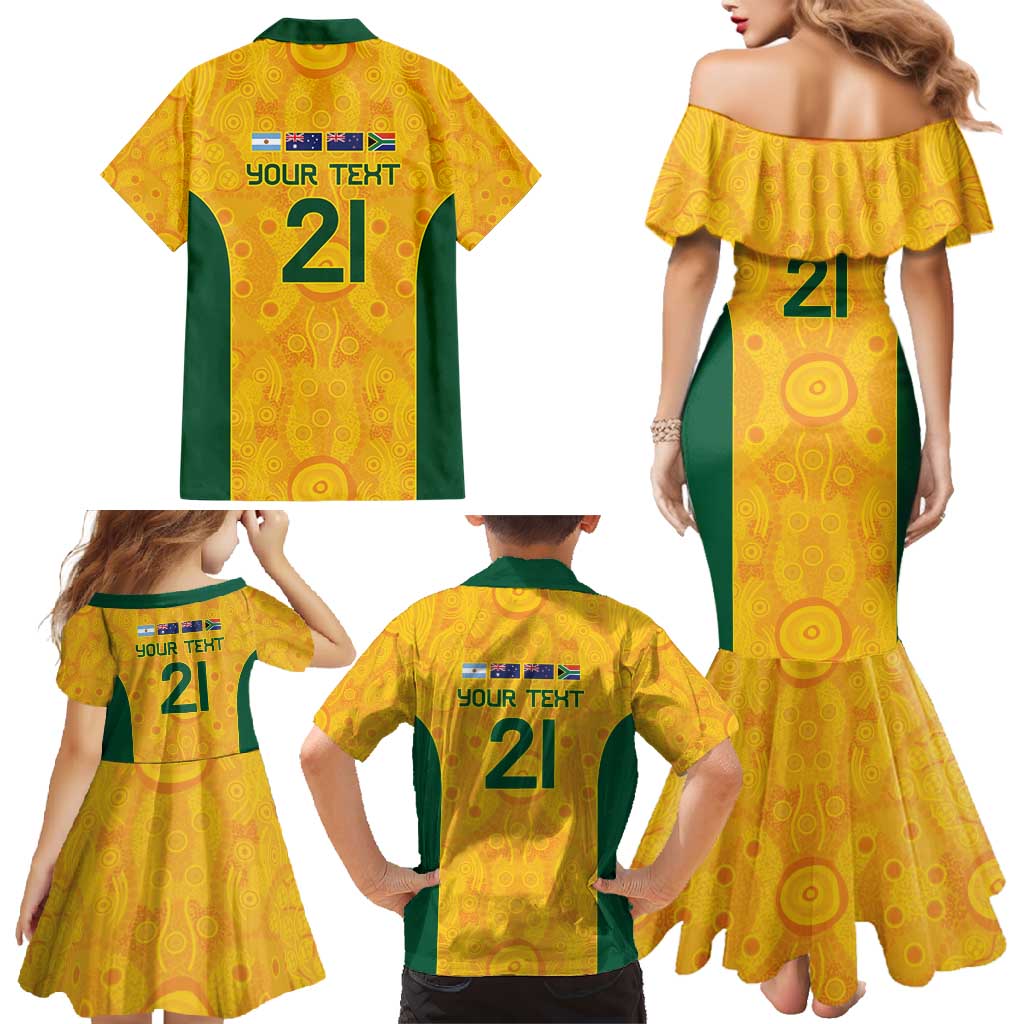 Australia Rugby Custom Family Matching Mermaid Dress and Hawaiian Shirt Glory Be To Wallabies Aboriginal Motif - Aussie Hoodie