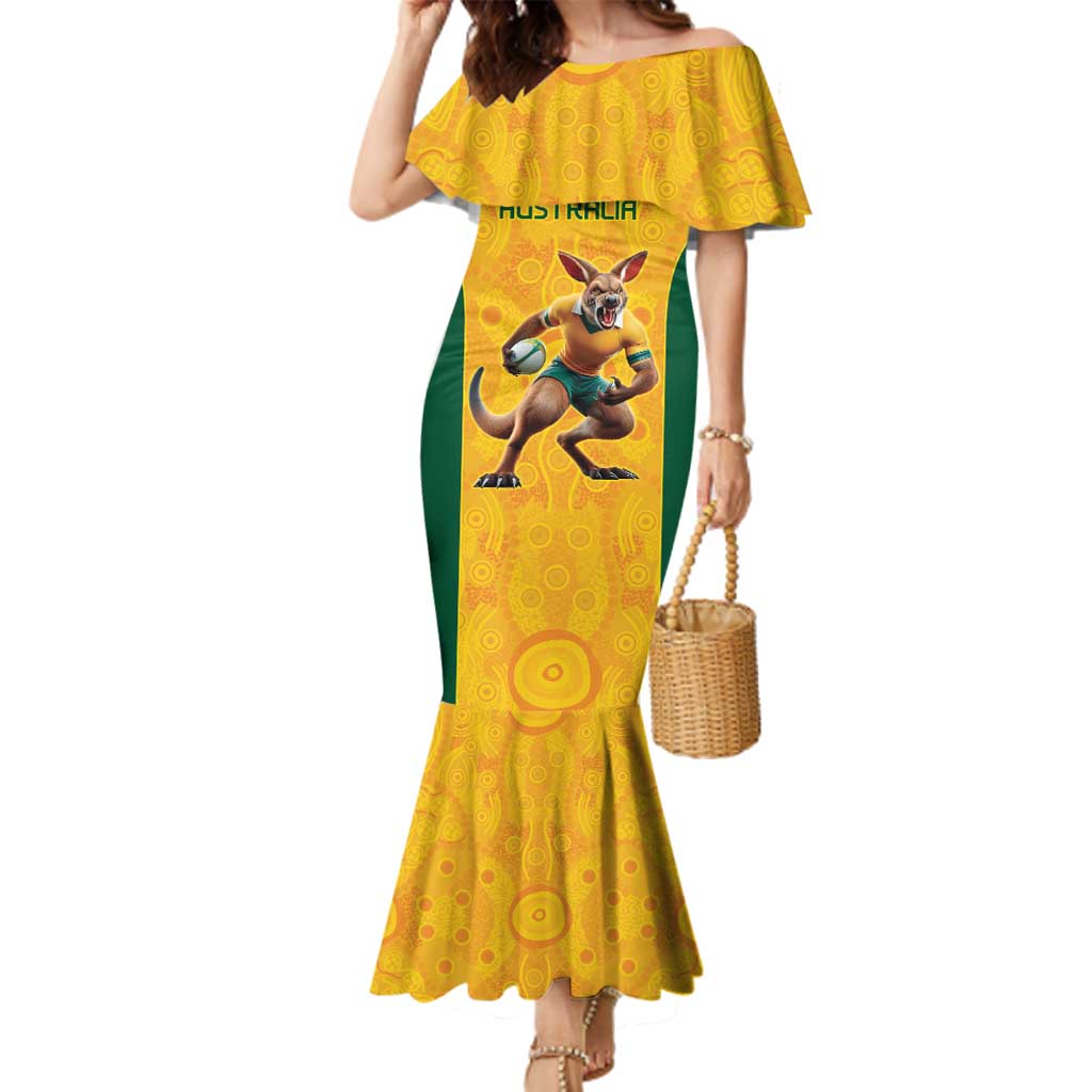Australia Rugby Custom Family Matching Mermaid Dress and Hawaiian Shirt Glory Be To Wallabies Aboriginal Motif - Aussie Hoodie