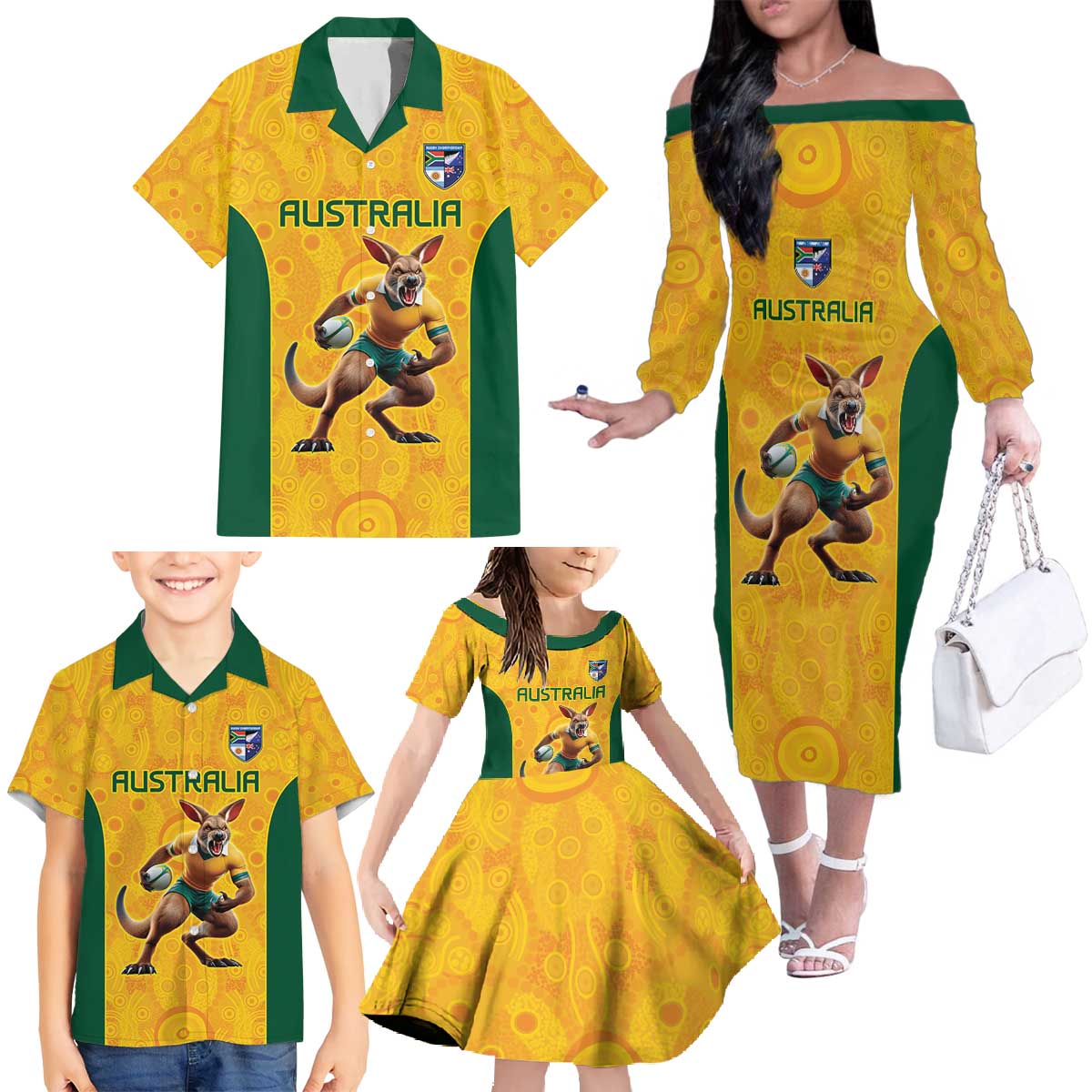 Australia Rugby Custom Family Matching Off The Shoulder Long Sleeve Dress and Hawaiian Shirt Glory Be To Wallabies Aboriginal Motif - Aussie Hoodie