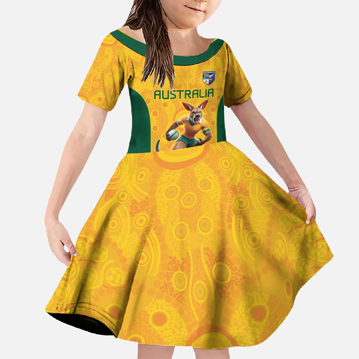 Australia Rugby Custom Family Matching Off The Shoulder Long Sleeve Dress and Hawaiian Shirt Glory Be To Wallabies Aboriginal Motif - Aussie Hoodie