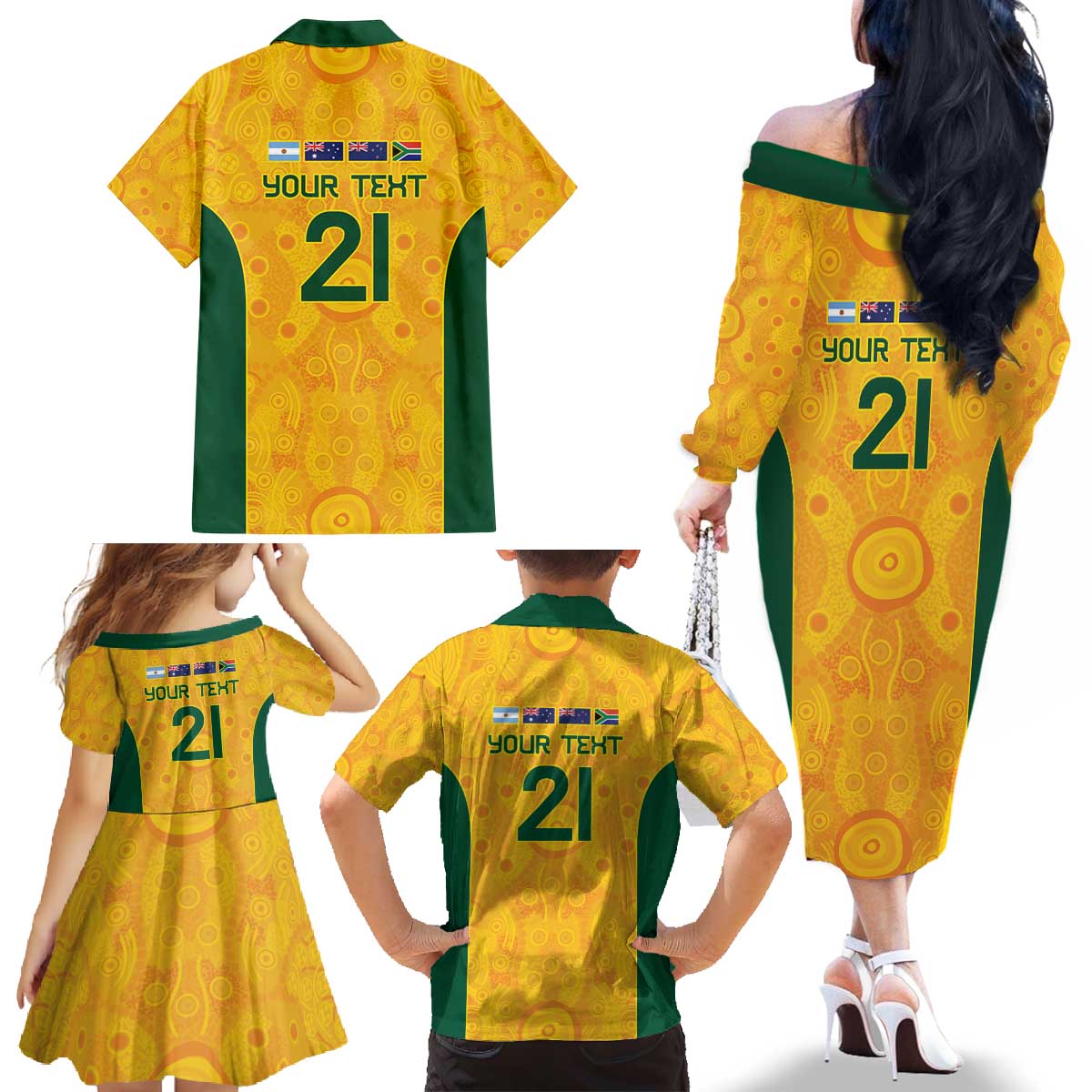 Australia Rugby Custom Family Matching Off The Shoulder Long Sleeve Dress and Hawaiian Shirt Glory Be To Wallabies Aboriginal Motif - Aussie Hoodie