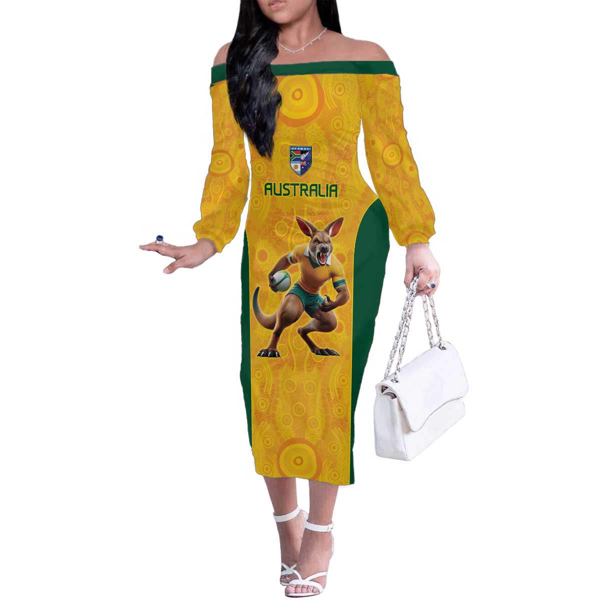 Australia Rugby Custom Family Matching Off The Shoulder Long Sleeve Dress and Hawaiian Shirt Glory Be To Wallabies Aboriginal Motif - Aussie Hoodie