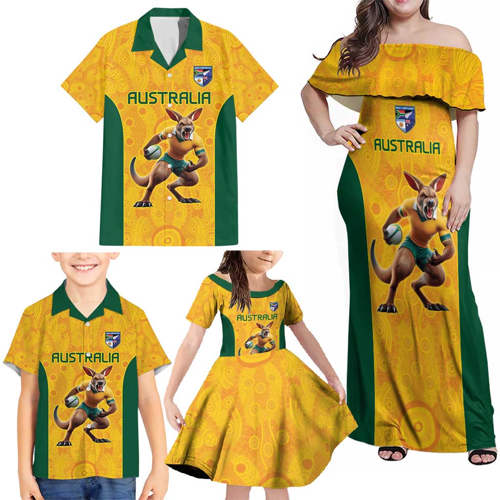 Australia Rugby Custom Family Matching Off Shoulder Maxi Dress and Hawaiian Shirt Glory Be To Wallabies Aboriginal Motif - Aussie Hoodie