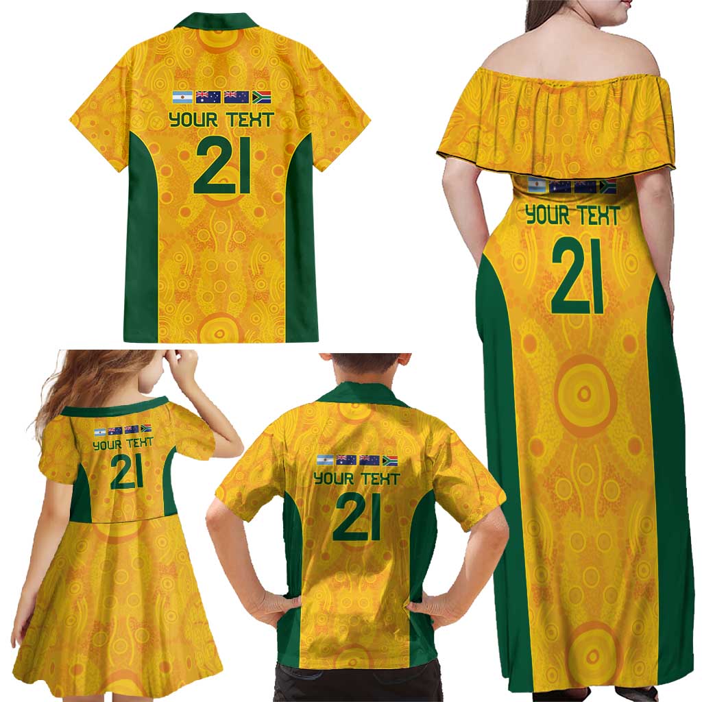 Australia Rugby Custom Family Matching Off Shoulder Maxi Dress and Hawaiian Shirt Glory Be To Wallabies Aboriginal Motif - Aussie Hoodie