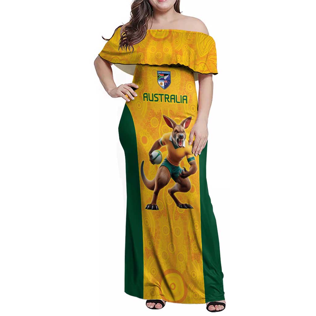Australia Rugby Custom Family Matching Off Shoulder Maxi Dress and Hawaiian Shirt Glory Be To Wallabies Aboriginal Motif - Aussie Hoodie