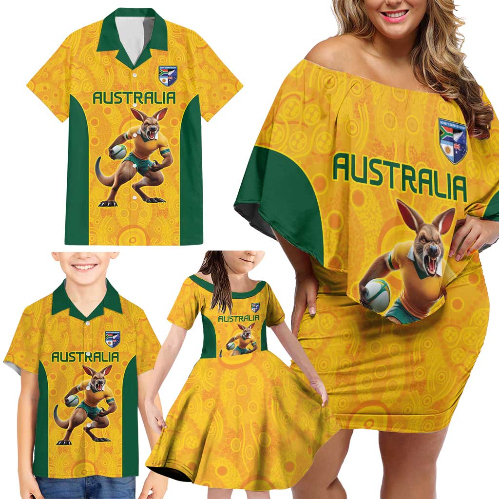 Australia Rugby Custom Family Matching Off Shoulder Short Dress and Hawaiian Shirt Glory Be To Wallabies Aboriginal Motif - Aussie Hoodie