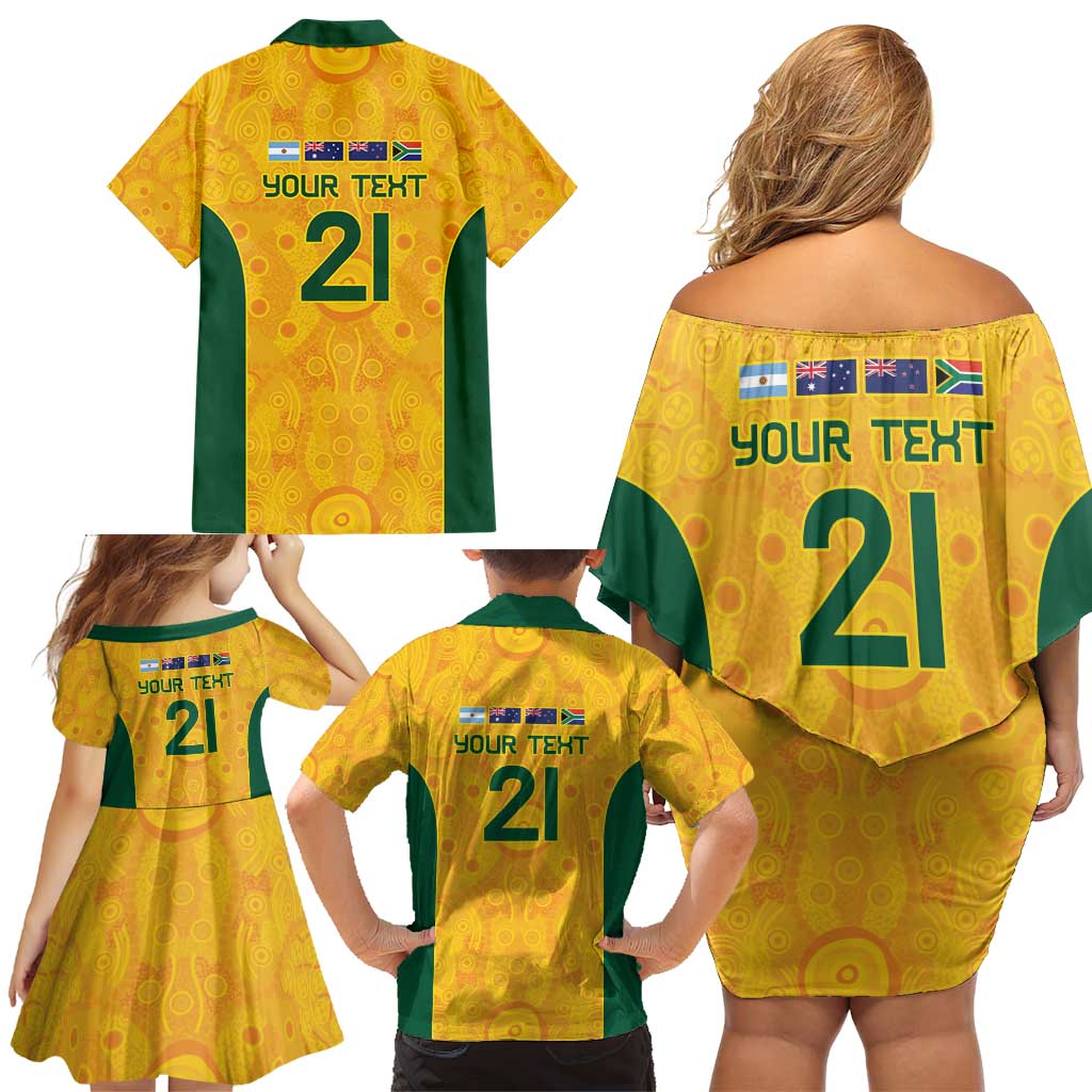 Australia Rugby Custom Family Matching Off Shoulder Short Dress and Hawaiian Shirt Glory Be To Wallabies Aboriginal Motif - Aussie Hoodie